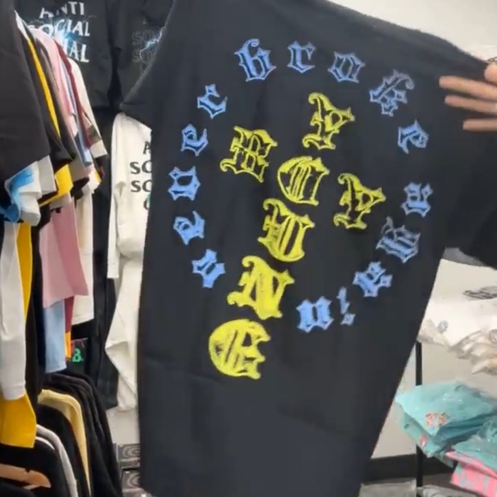 Black Graphic T-Shirt with Blue and Yellow Print